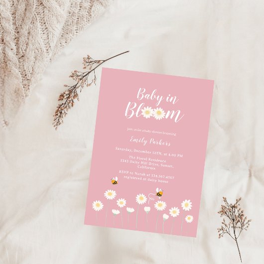 Blush Pink Daisy Floral Baby in Bloom Girl Shower Kaart