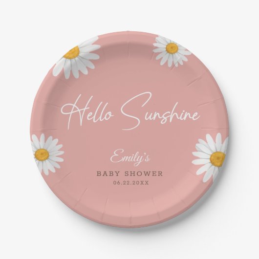 Blush Pink Daisy Hello Sunshine Baby Shower Papieren Bordje (Voorkant)