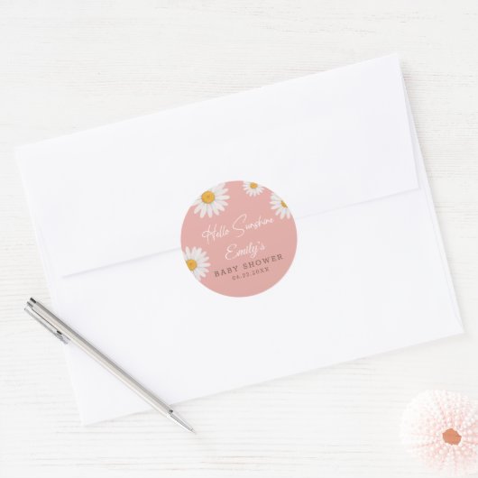 Blush Pink Daisy Hello Sunshine Baby Shower Ronde Sticker (Envelop)