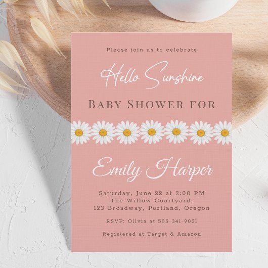 Blush Pink Daisy Hello Sunshine Floral Baby Shower Kaart