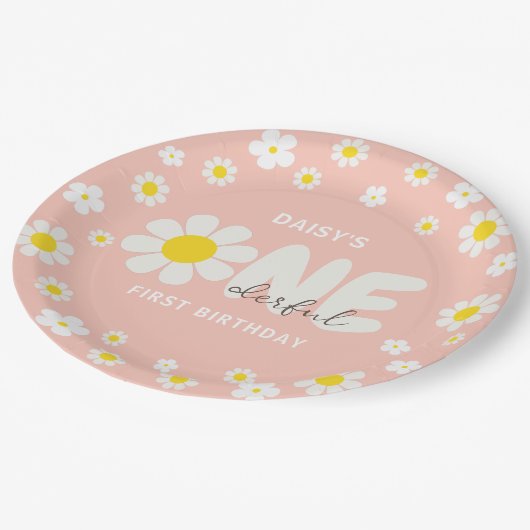 Blush Pink Daisy OneDerful 1st verjaardagsfeestje Papieren Bordje (Gekanteld)