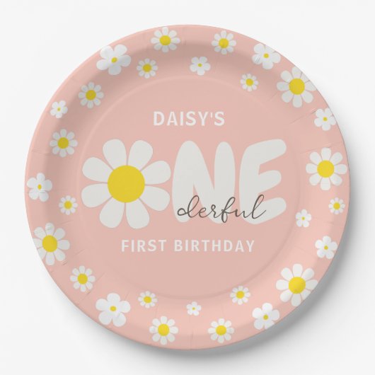 Blush Pink Daisy OneDerful 1st verjaardagsfeestje Papieren Bordje (Voorkant)
