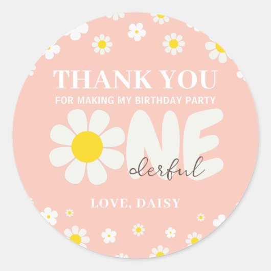 Blush Pink Daisy OneDerful Dank u Verjaardag Ronde Sticker (Voorkant)