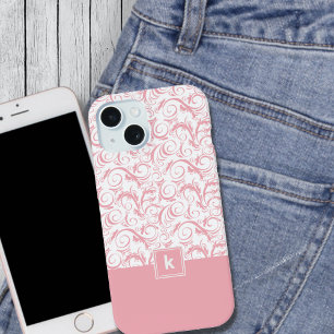Blush Pink Damask Pattern Monogram iPhone 14 Hoesj 15 Case