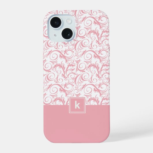 Blush Pink Damask Pattern Monogram iPhone 14 Hoesj 15 Case (Achterkant)