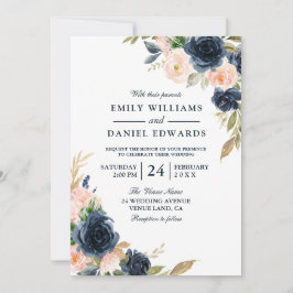 Blush Pink & Deep Navy Elegant Spring Wedding Kaart