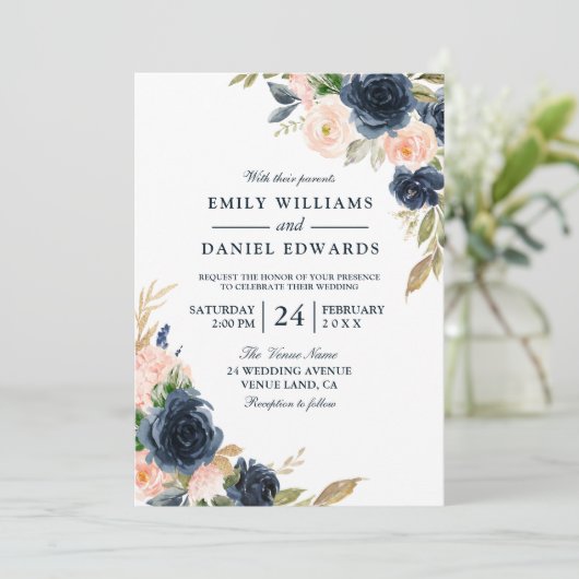 Blush Pink & Deep Navy Elegant Spring Wedding Kaart (Staand voorkant)