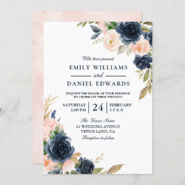 Blush Pink & Deep Navy Elegant Spring Wedding Kaart