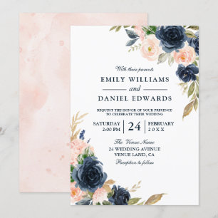 Blush Pink & Deep Navy Elegant Spring Wedding Kaart