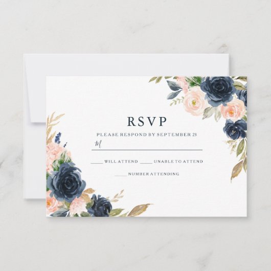 Blush Pink & Deep Navy Elegant Spring Wedding RSVP Kaartje (Voorkant)
