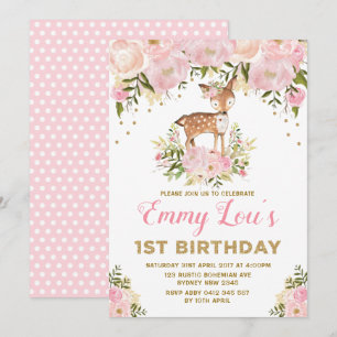 Blush Pink Deer 1st Birthday Waterverf Floral Kaart