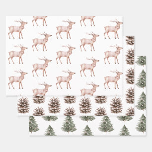 Blush Pink Deer Pine Cones Kerstbomen Inpakpapier Vel