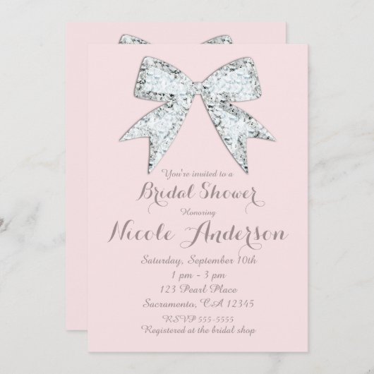 Blush Pink Diamond Bling Bow Glam Vrijgezellenfees Kaart (Voorkant / Achterkant)