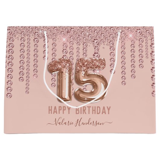 Blush Pink Diamond Drips Happy 15th Birthday Groot Cadeauzakje (Voorkant)