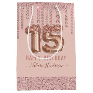 Blush Pink Diamond Drips Happy 15th Birthday Medium Cadeauzakje