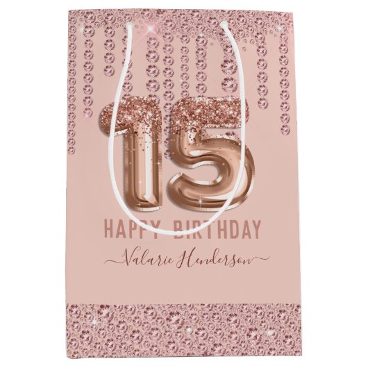 Blush Pink Diamond Drips Happy 15th Birthday Medium Cadeauzakje (Voorkant)