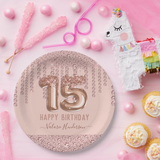 Blush Pink Diamond Drips Happy 15th Birthday Papieren Bordje (Feest)