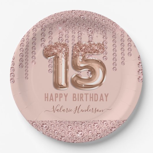 Blush Pink Diamond Drips Happy 15th Birthday Papieren Bordje (Voorkant)