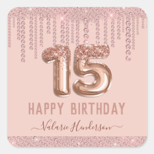 Blush Pink Diamond Drips Happy 15th Birthday Vierkante Sticker