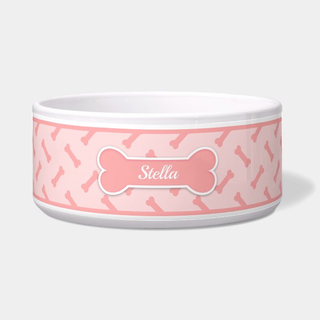 Blush Pink Dog Bone Pattern met Custom Pet Name Voerbakje (Voorkant)