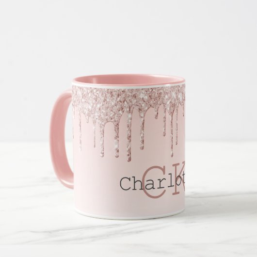 Blush pink drips monogram initialen mok (Voorkant links)