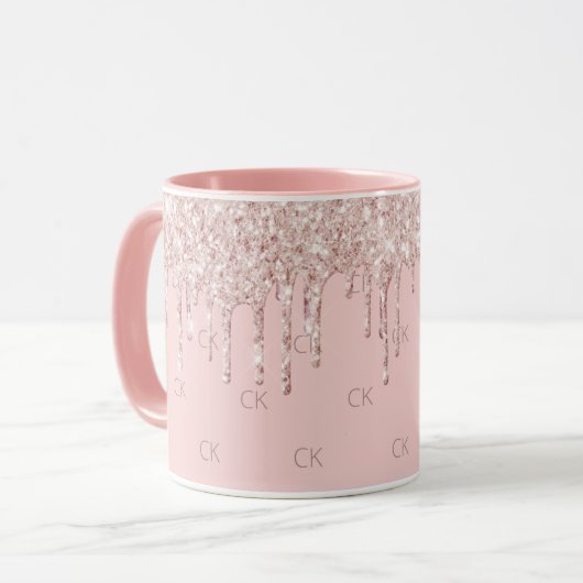 Blush pink drips sparkle monogram mok (Voorkant links)
