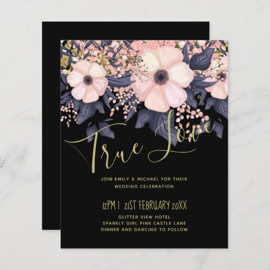 Blush Pink Dusty Blue Black Wedding Floral Budget (Voorkant / Achterkant)