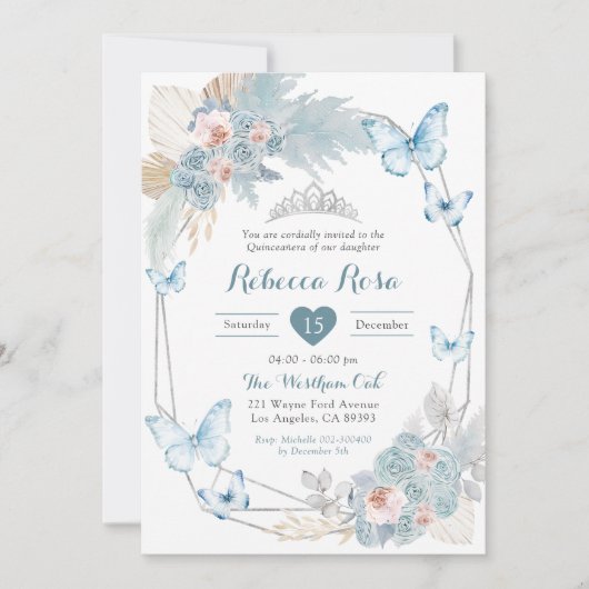 Blush Pink Dusty Blue Butterfly Royal Quinceañera Kaart (Voorkant)