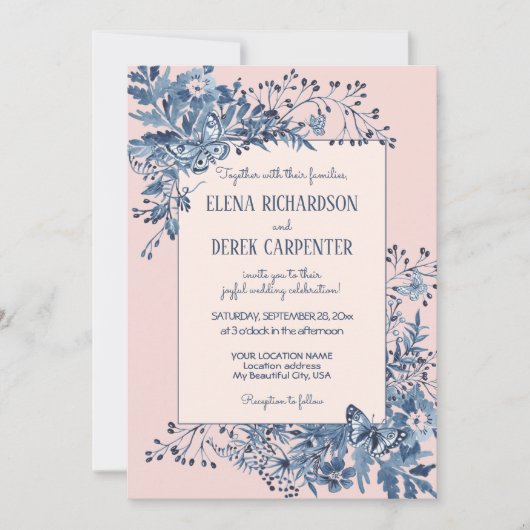 Blush Pink, Dusty Blue Floral Waterverf Wedding Kaart (Voorkant)