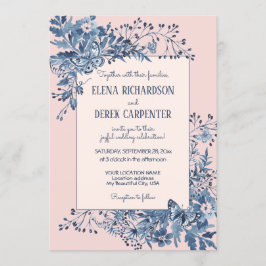 Blush Pink, Dusty Blue Floral Waterverf Wedding Kaart