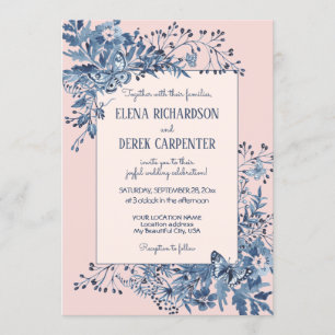Blush Pink, Dusty Blue Floral Waterverf Wedding Kaart