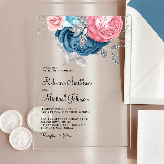 Blush Pink Dusty Blue Floral Wedding Acryl Uitnodigingen