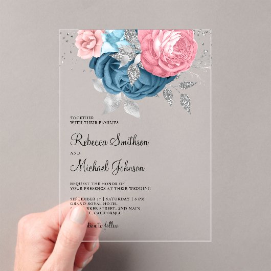Blush Pink Dusty Blue Floral Wedding Acryl Uitnodigingen (Insitu (Draagbaar))