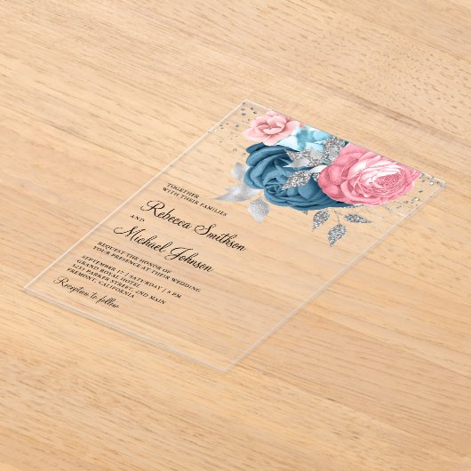 Blush Pink Dusty Blue Floral Wedding Acryl Uitnodigingen (Laagn)