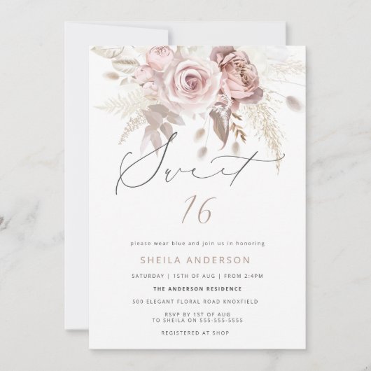 Blush Pink Dusty Roos Floral Sweet 16 Verjaardag Kaart (Voorkant)