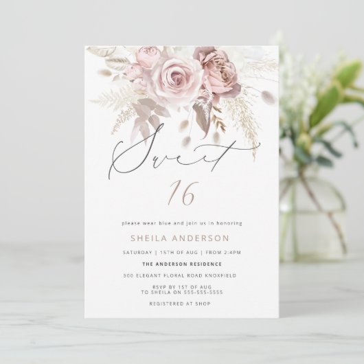 Blush Pink Dusty Roos Floral Sweet 16 Verjaardag Kaart (Staand voorkant)