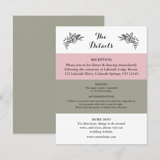 Blush Pink Dusty Sage Green Wedding Enclosure Kaar Informatiekaartje (Voorkant / Achterkant)