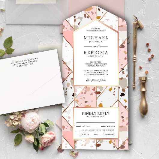 Blush Pink Earthy Geometric Terrazzo Wedding All In One Uitnodiging