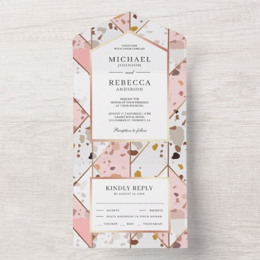 Blush Pink Earthy Geometric Terrazzo Wedding All In One Uitnodiging (Binnen)