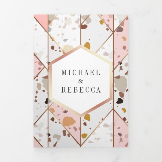 Blush Pink Earthy Geometric Terrazzo Wedding Drieluik Uitnodiging (Cover)