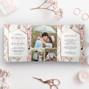 Blush Pink Earthy Geometric Terrazzo Wedding Drieluik Uitnodiging