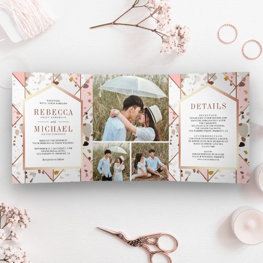 Blush Pink Earthy Geometric Terrazzo Wedding Drieluik Uitnodiging