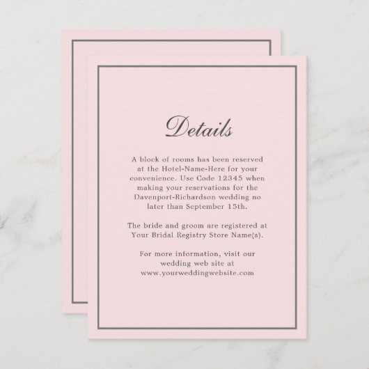 Blush Pink Eenvoudige Elegante Trouwinfo Details Informatiekaartje (Voorkant / Achterkant)