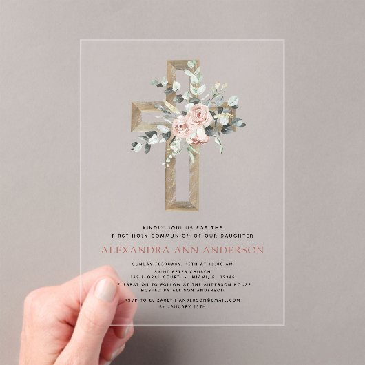 Blush Pink Eerste Heilige Communie Roos Groen Acryl Uitnodigingen (Insitu (Draagbaar))