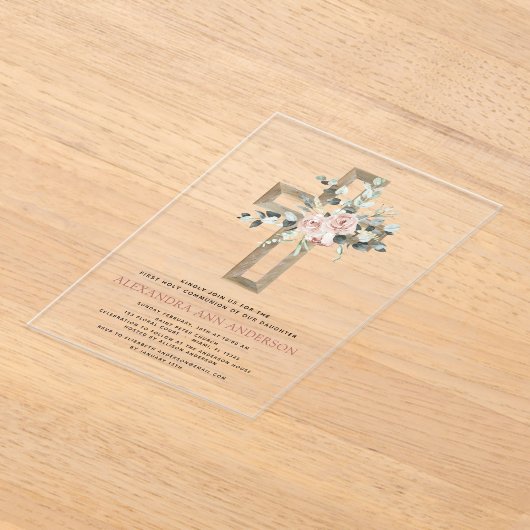 Blush Pink Eerste Heilige Communie Roos Groen Acryl Uitnodigingen (Laagn)