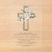 Blush Pink Eerste Heilige Communie Roos Groen Acryl Uitnodigingen (Voorkant)