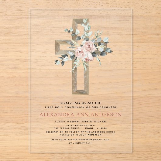 Blush Pink Eerste Heilige Communie Roos Groen Acryl Uitnodigingen (Voorkant)