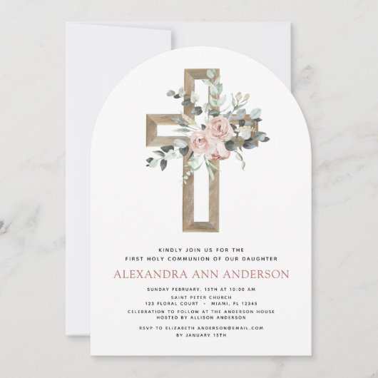 Blush Pink Eerste Heilige Communie Roos Groen Kaart (Voorkant)