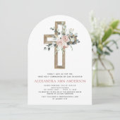 Blush Pink Eerste Heilige Communie Roos Groen Kaart (Staand voorkant)