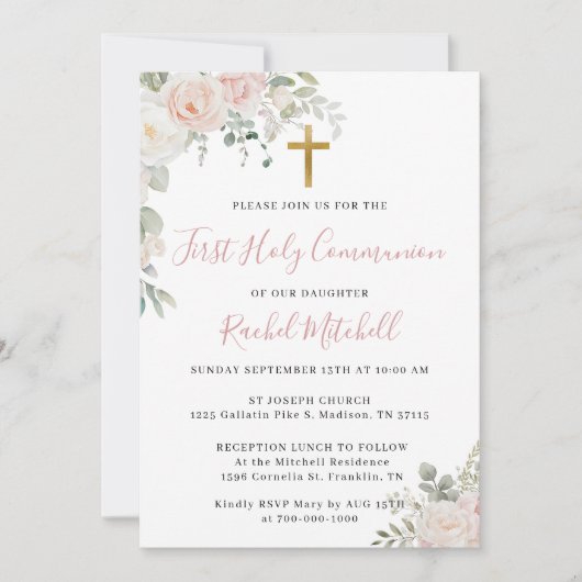 Blush Pink Eerste Heilige Communie Uitnodiging Tem (Voorkant)